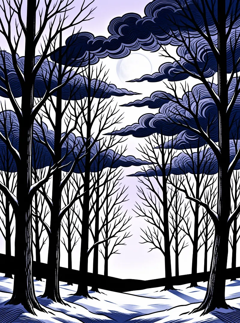 A linocut style print of bare black trees against a pale lavender sky with dark swirling clouds and a moon