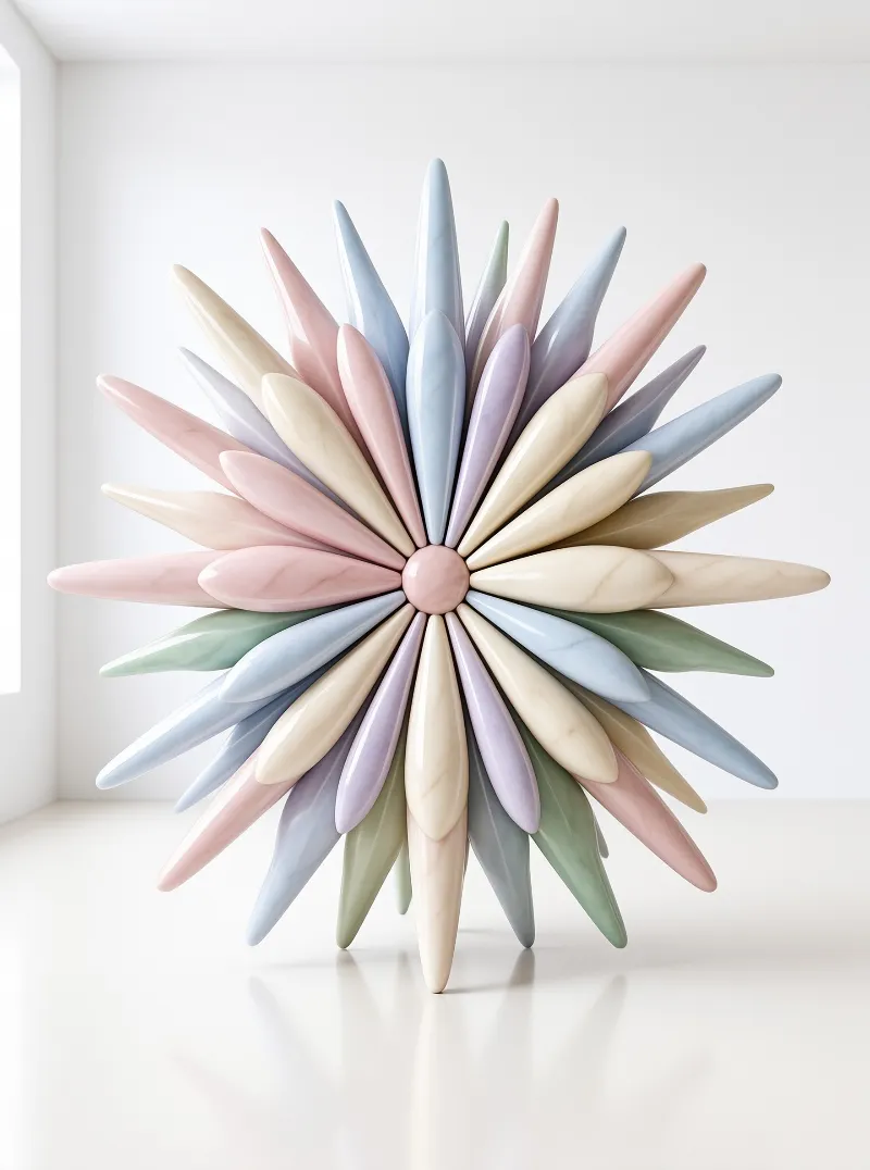 A multicolored ceramic starburst sculpture sits on a white floor with soft lighting.