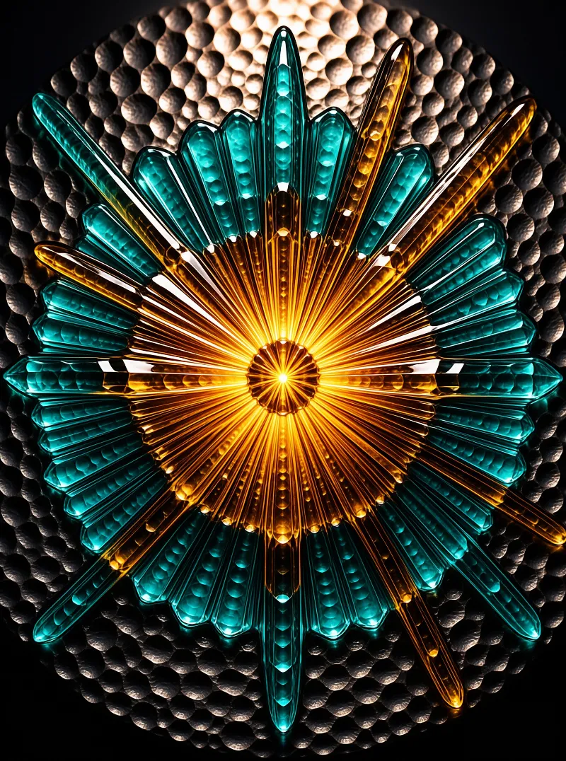 Radiating moulded crystal petals in aquamarine and honey glow from a bright centre set against a dimpled metallic disc.