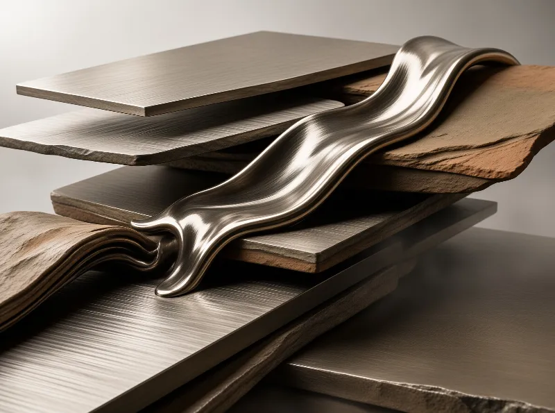 A polished silver metal form flows over layered brushed steel sheets creating contrast between rigid geometry and fluid motion.