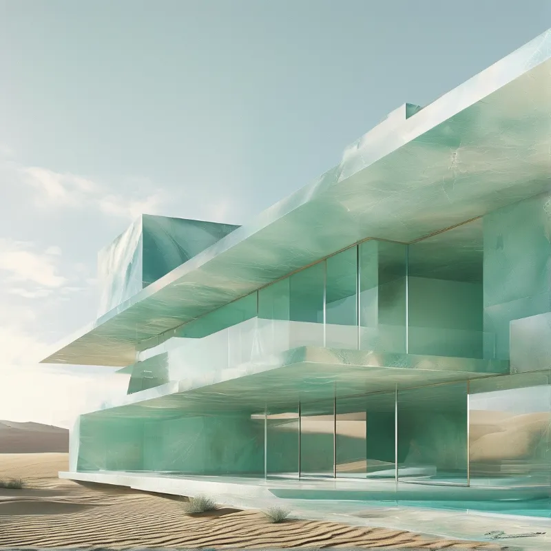 A translucent green glass pavilion with stacked horizontal slabs stands on rippled desert sand beneath a pale sky.