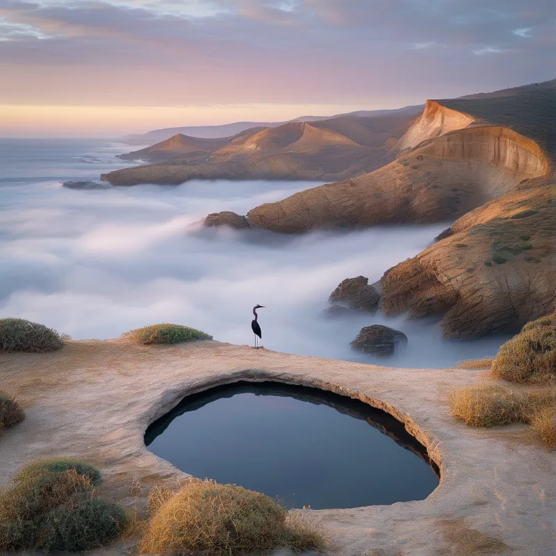 A dark wading bird stands on a stone edge overlooking a misty ocean and layered hills under a pink sky.
