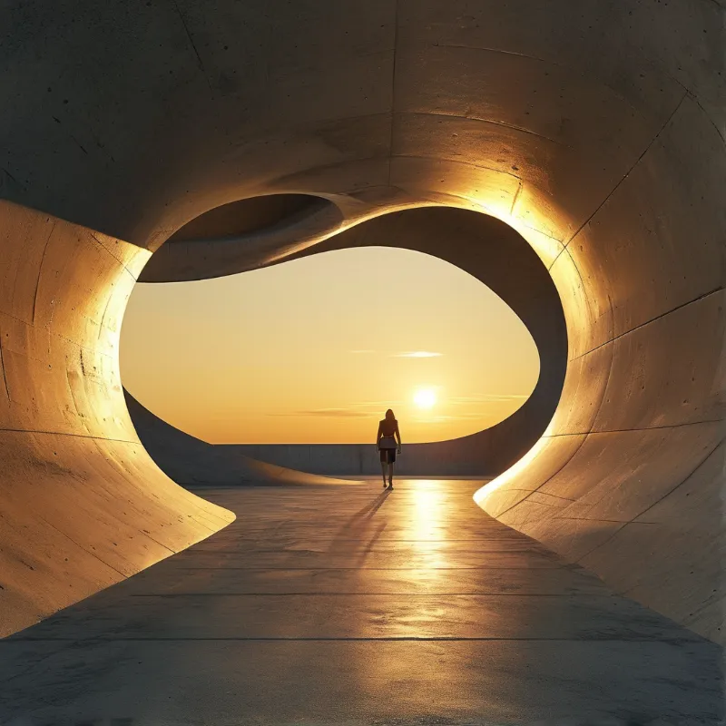 A person walks away towards a bright sunset framed by large curved concrete architectural walls.