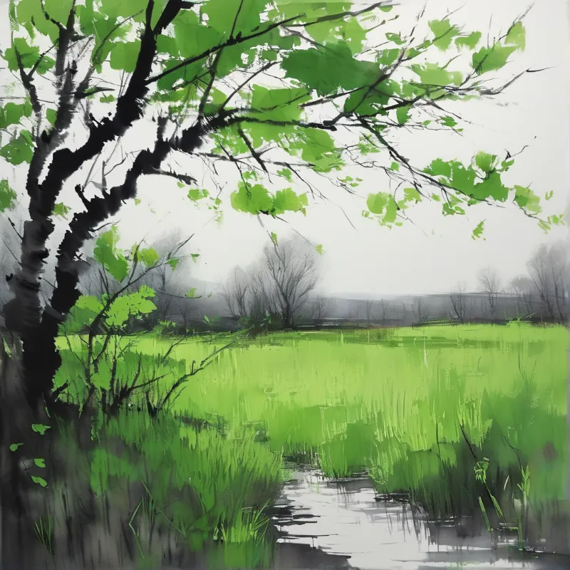 A dark-trunked willow tree frames a bright green wet meadow with a reflective path cutting through tall grass in hazy light.