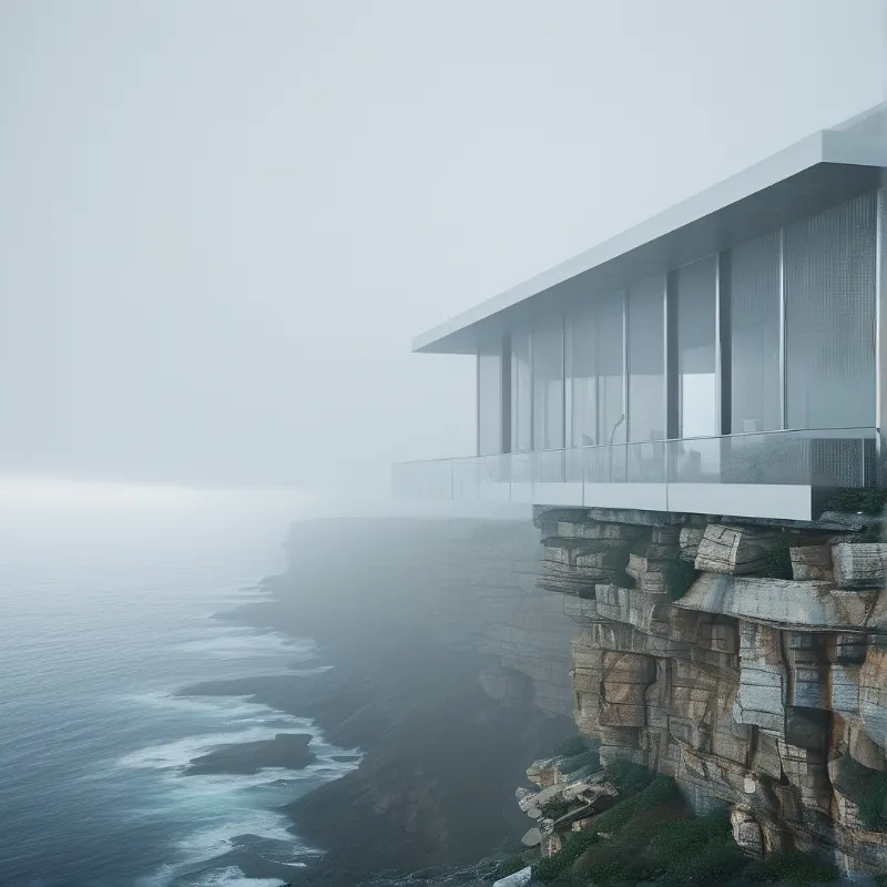 A minimalist glass cliffside home extends out over fog shrouded rocky sea cliffs next to gentle ocean surf.