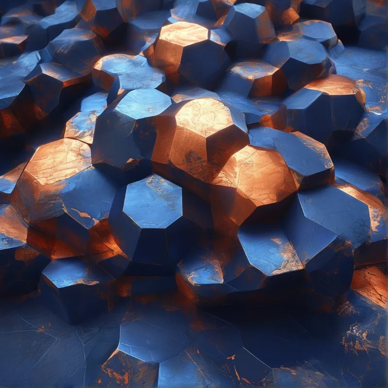 Angular blue crystals in a tight cluster with bright orange highlights on their tops.