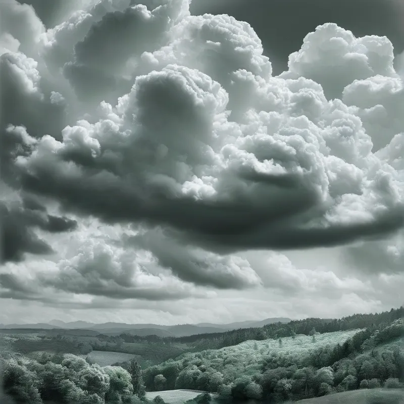 Massive cloud formations hover above a valley of green forests and fields under a dramatic overcast sky.
