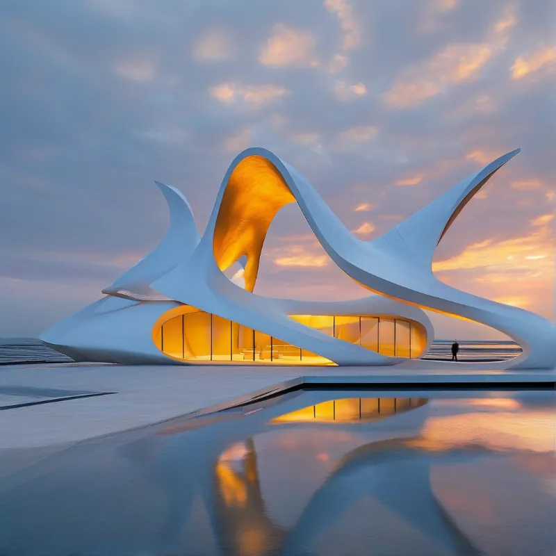 Curved white concrete sails arch over glowing amber windows, mirrored in a shallow pool as evening clouds burn orange.