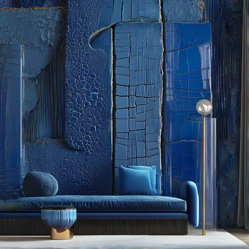 A blue velvet chaise lounge sits before a large textured wall featuring cracked blue panels and a gold floor lamp.