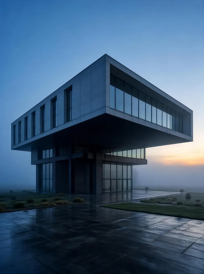 Modernist Building in Fog
