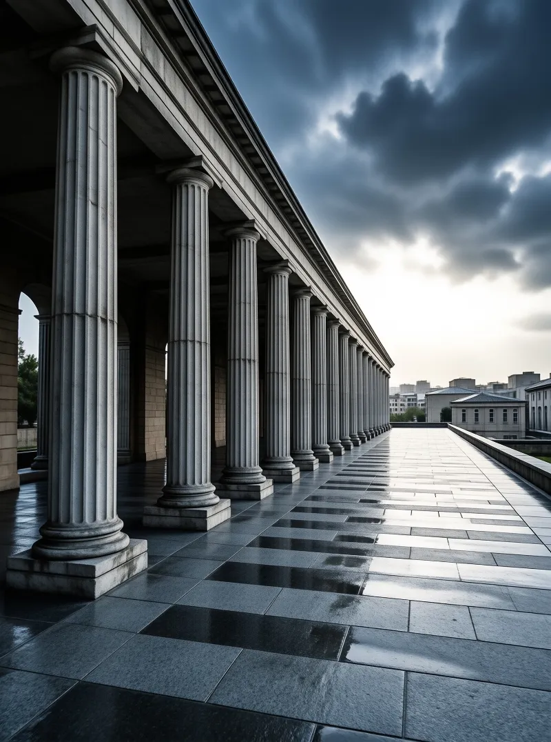 Grey fluted stone columns line a wet tiled walkway receding into the distance under stormy clouds.