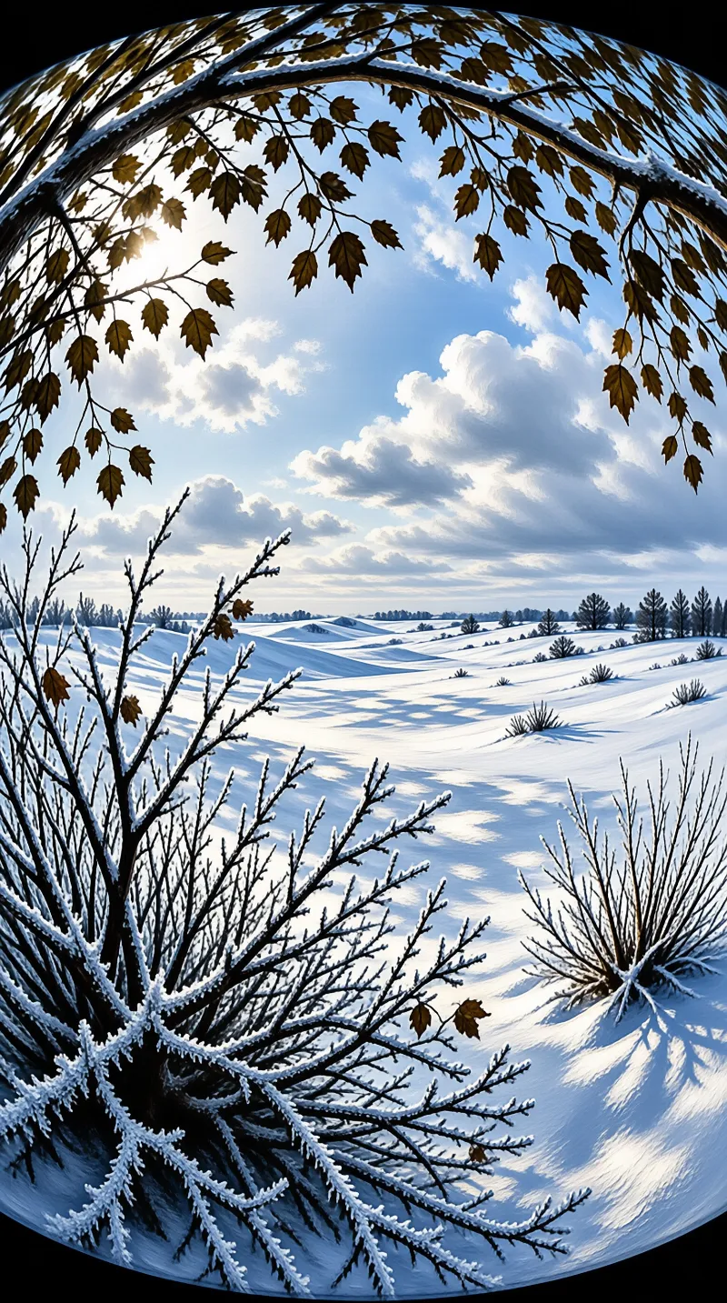 Dark frozen shrubs stand against rolling white dunes beneath a partly cloudy winter sky.