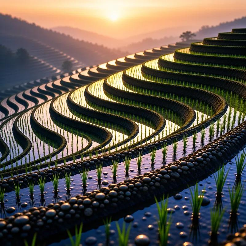 Curved paddy terraces step down a misty hillside, each flooded pool mirroring the warm glow of a low sun.