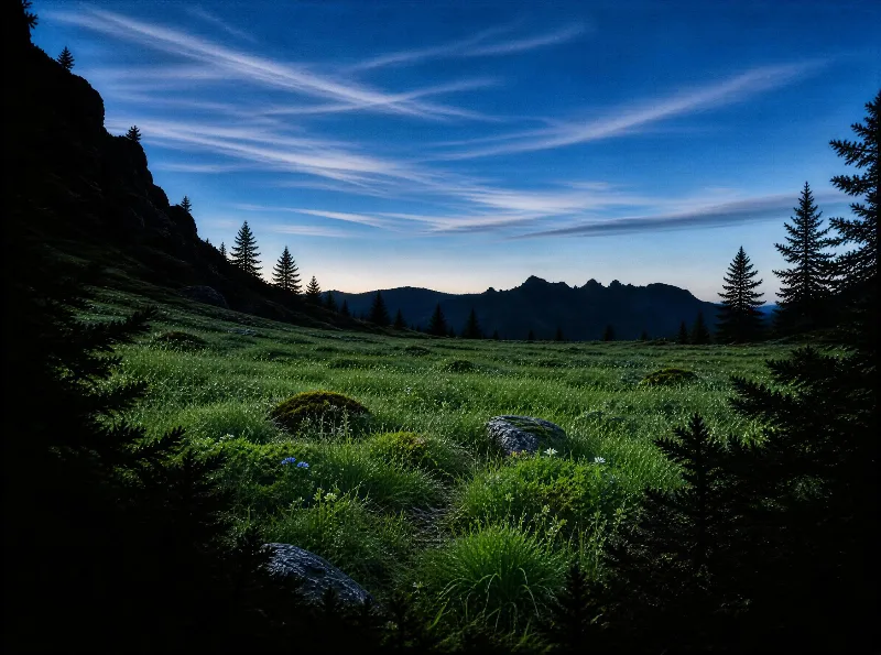 A grassy meadow with moss-covered rocks and tall pine trees stretches toward distant mountain peaks under a sky with wispy clouds during blue hour.