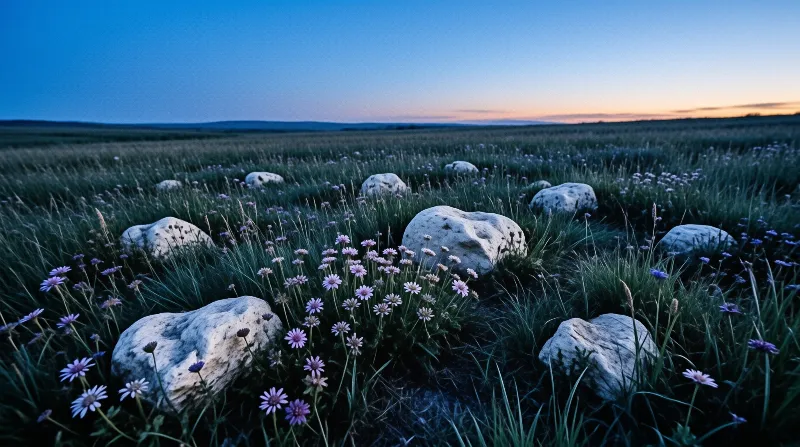Clusters of pale pink wildflowers grow among smooth white boulders across a grassy plain under a fading evening sky.