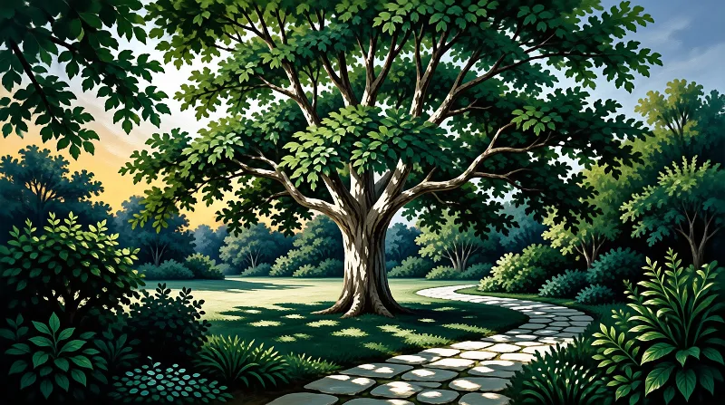 A massive tree dominates a lush landscape while a winding stone path curves through the grassy foreground in warm sunlight.