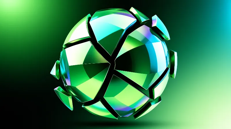 A glossy green metal sphere breaks into floating curved shards with violet and teal reflections against a soft gradient.
