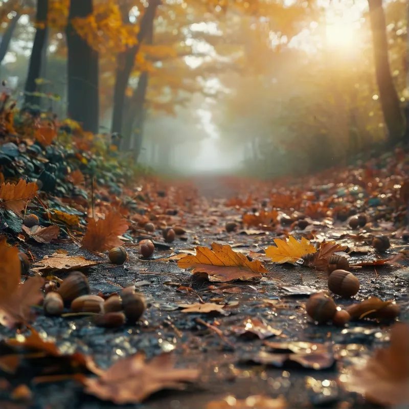 Wet forest trail covered in oak leaves and acorns with bright sunlight filtering through misty trees.