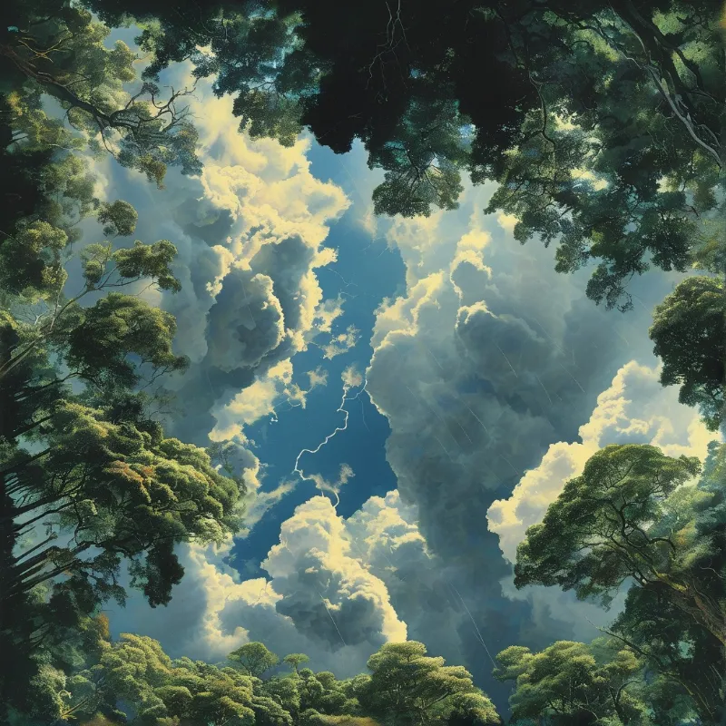 Upward view of massive cumulus clouds and lightning bolts framed by dark green tree branches and foliage.