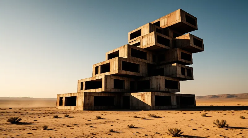 A massive geometric building composed of stacked blocks rests in a vast sandy landscape bathed in warm sunlight.