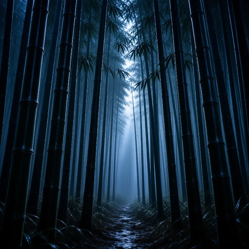 A dense bamboo forest features a narrow path winding through cool blue mist and towering stalks.