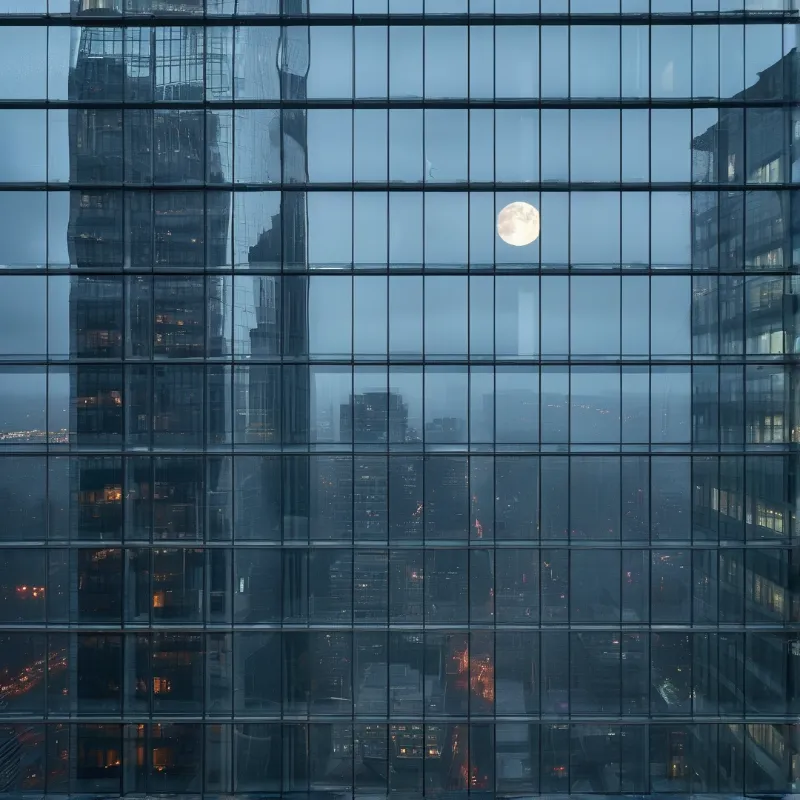 A reflective glass building facade mirrors the night sky featuring a full moon and city lights below the grid of windows.
