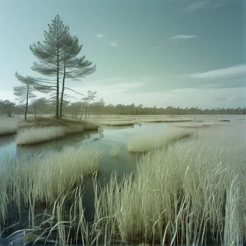 Tall conifers rise from a grassy island surrounded by still water and reeds under a hazy sky.