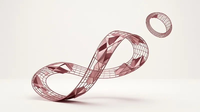 A rose colored wire ribbon with faceted panels bends into a loop above a pale floor as a smaller open ring floats in the air.