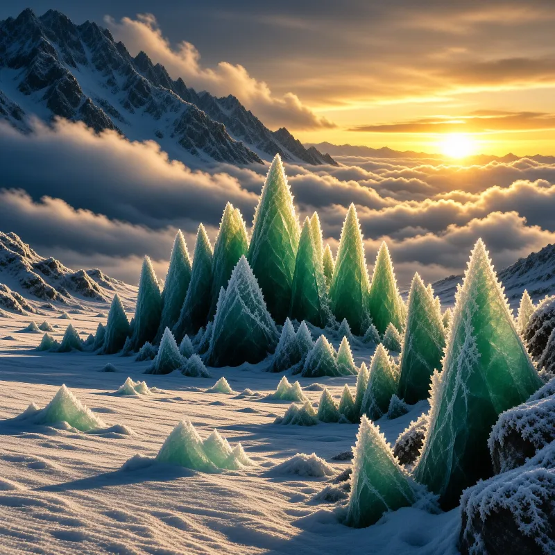 Green crystal spires shaped like pines rise from snow beneath jagged peaks and a golden sunset above a cloud sea.