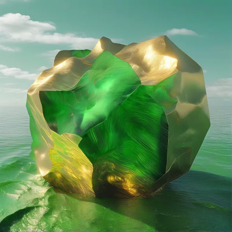 A large irregular rock with a polished gold exterior and swirling translucent green interior sits in calm turquoise water.