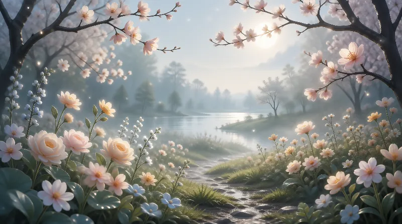 Cherry Blossom Lake Landscape
