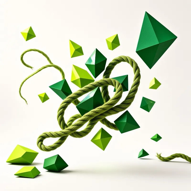 A knotted green cord loops through the air beside faceted pyramids in lime and forest tones over a clean off-white setting.