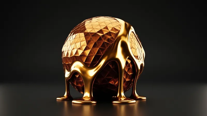 A faceted golden sphere dissolves into liquid streams while resting on a reflective black surface under studio lighting.