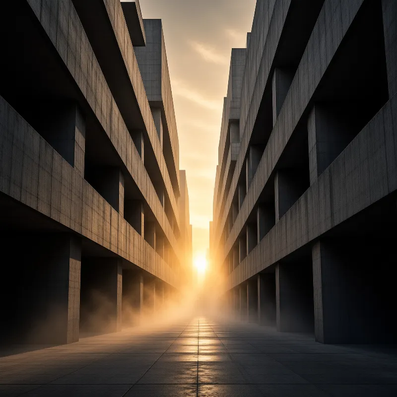 Symmetrical view of grey concrete structures with sun shining through fog