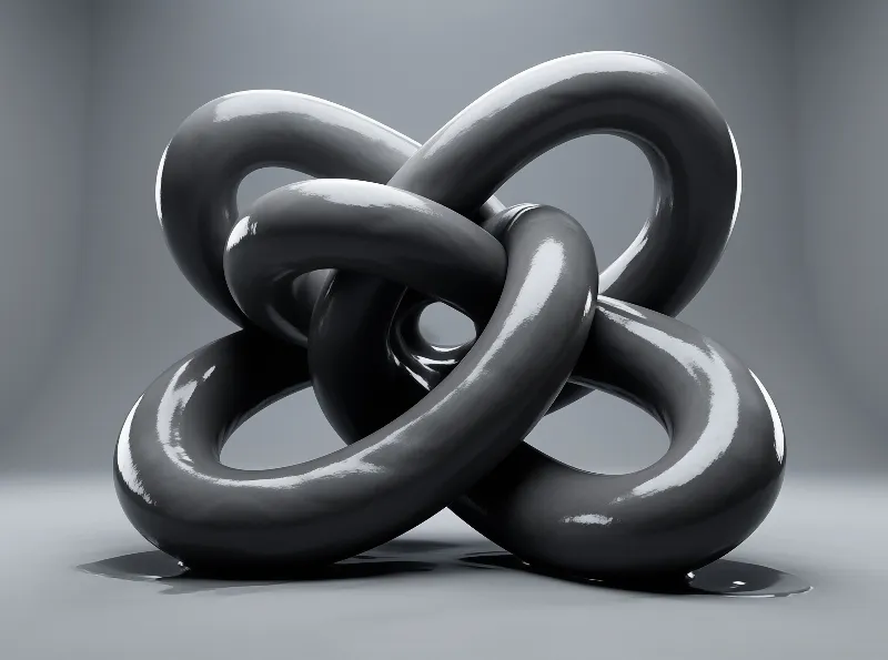 Interlinked loops of polished dark material curve over a reflective grey surface and cast a soft shadow