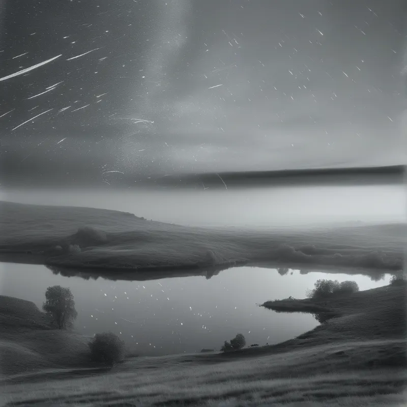 A black and white image shows streaks of stars in the night sky above a calm lake reflecting rolling hills and scattered trees.