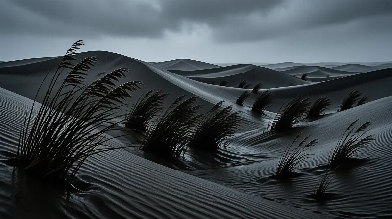 Dark tufts of windswept grass lean across rippled sand dunes while heavy grey storm clouds press low over the empty desert.