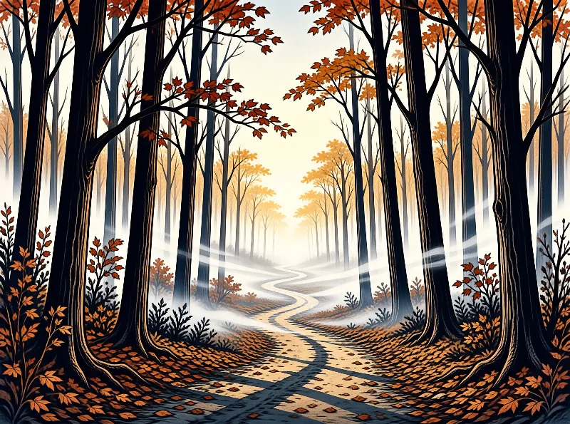 A dirt trail winds through a dense forest covered in orange autumn leaves while sunlight streams through the tall trees.