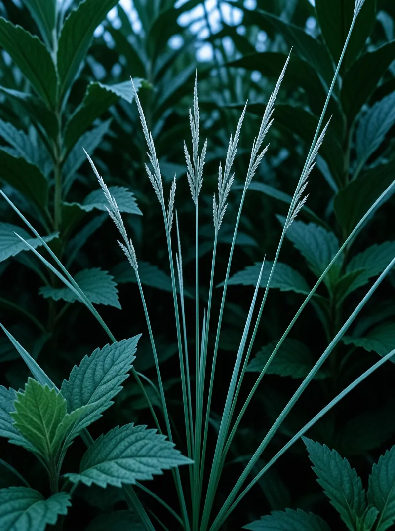 Thin pale grass blades rise vertically against a backdrop of dark teal leaves with serrated edges in cool soft light.
