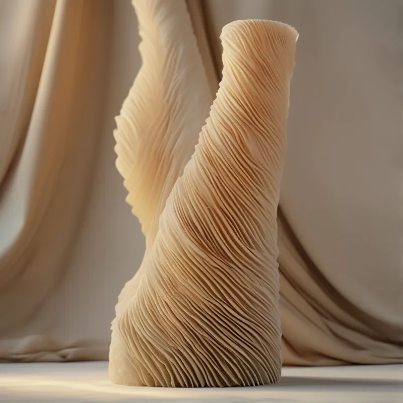 A tall beige sculpture featuring dense vertical pleats stands before draped cream fabric in soft diffuse lighting.