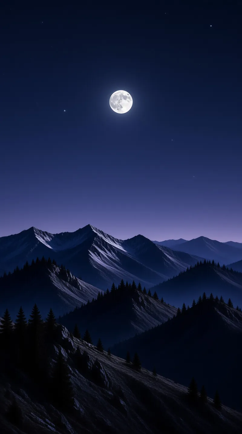 A bright full moon hangs in a deep blue night sky above layers of dark snowy mountain ridges and silhouetted trees.