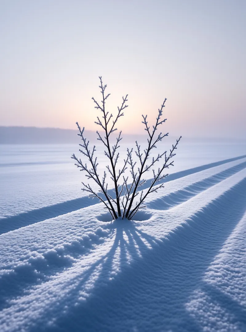 A small leafless plant grows from the snow while the low sun creates long sharp shadows across the white ground.