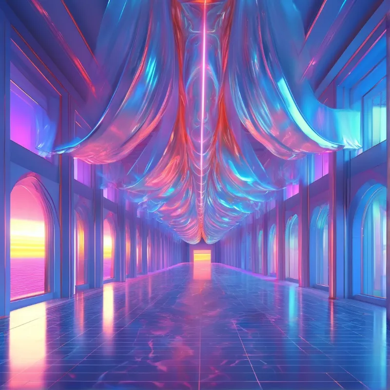 A symmetrical futuristic hallway with reflective flooring and arched side windows glowing with pink and blue light beneath a large iridescent fabric-like ceiling installation
