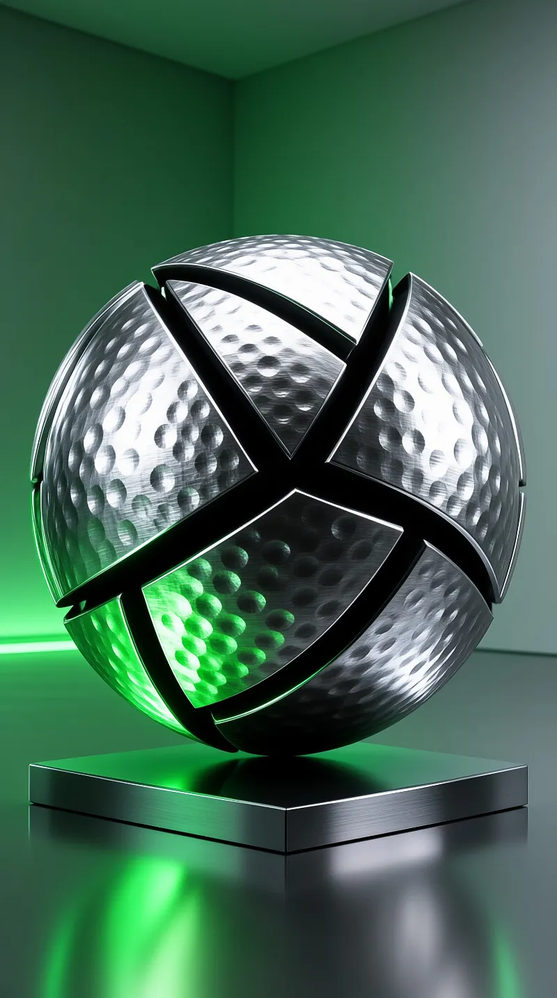 A dimpled metallic ball split into segments rests on a stand inside a green-tinted room.