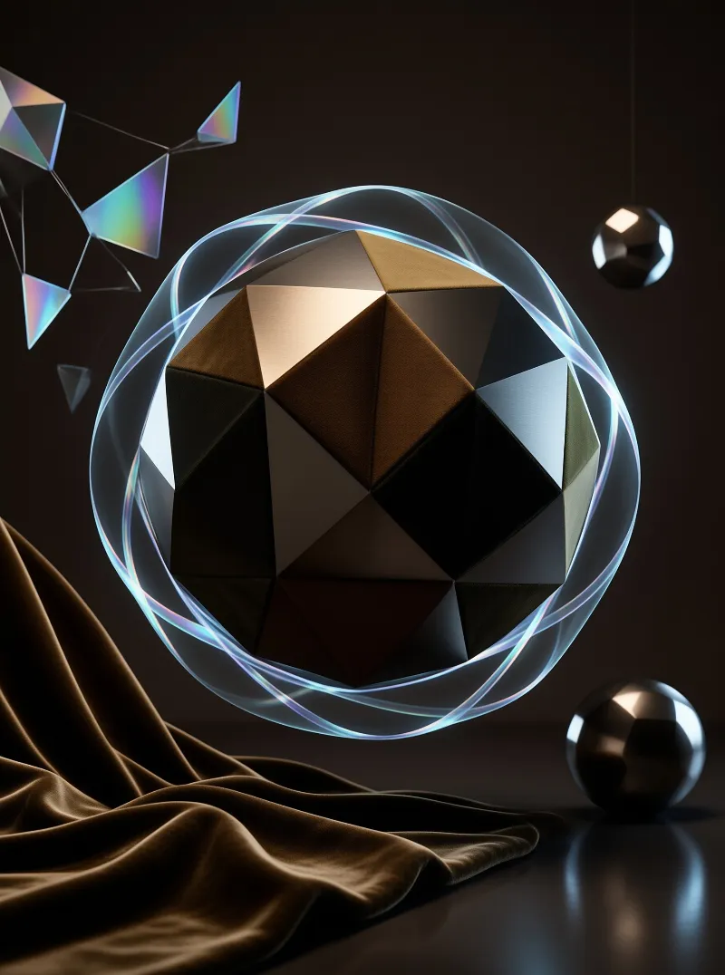 A dark faceted geometric object hovers inside a glowing ring surrounded by velvet fabric and chrome spheres.