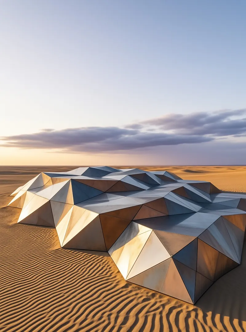 A large angular metal object rests on rippled sand dunes under a clear sky during twilight hours.