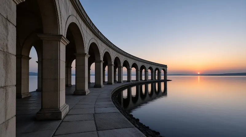 A long arcade of stone arches curves along a tranquil lake as the sun sets on the horizon.