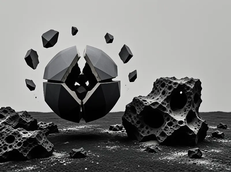 A black and white image of a geometric sphere exploding into floating chunks near porous stones on dark ground.