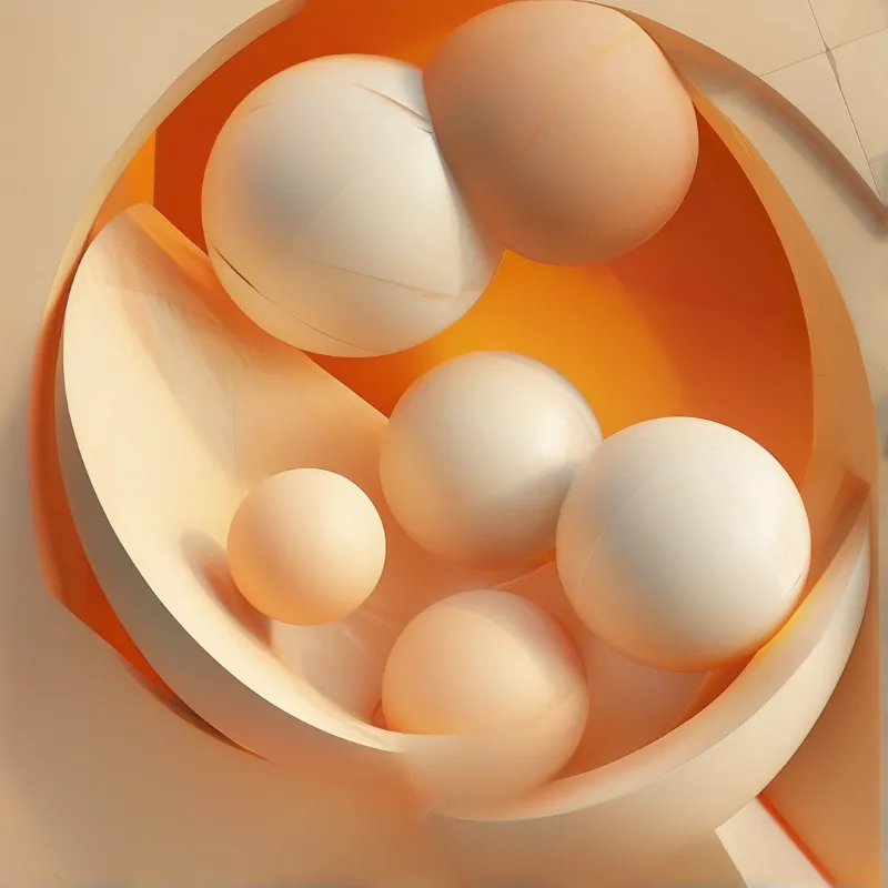 A cluster of smooth beige and orange spheres rests within a large curved architectural structure bathed in warm soft light.