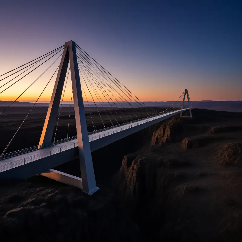 A large steel bridge crosses a deep rocky gorge beneath a sky transitioning from blue to orange.
